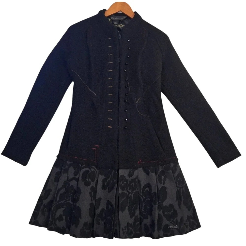 Desigual Black Boucle Wool Blend Floral Pleated Skirt Coat Jacket Womens 36